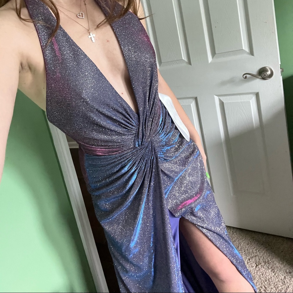 NWT Ieena Mac Duggal Dress Long Metallic Glittered Slit Evening Purple - Picture 6 of 9